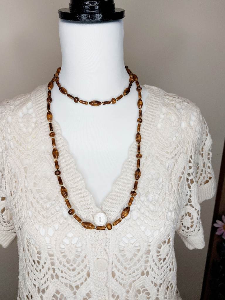 Vintage Long Toffee Swirl Acrylic & Glass Bead Necklace – 112cm – Boho Retro