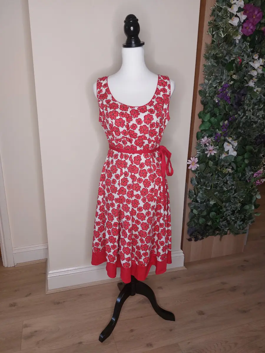 Motherhood Maternity Red & White Floral A-Line Dress with Tie Waist - Size L
