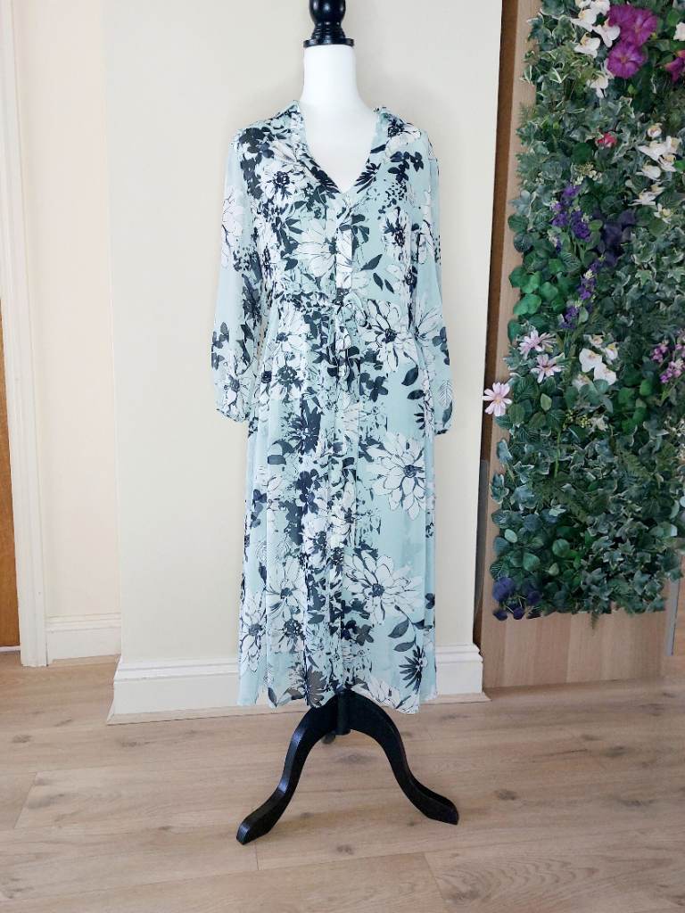 Summer Floral Chiffon Dress In Pale Blue Cottagecore Midi Dress Size 12