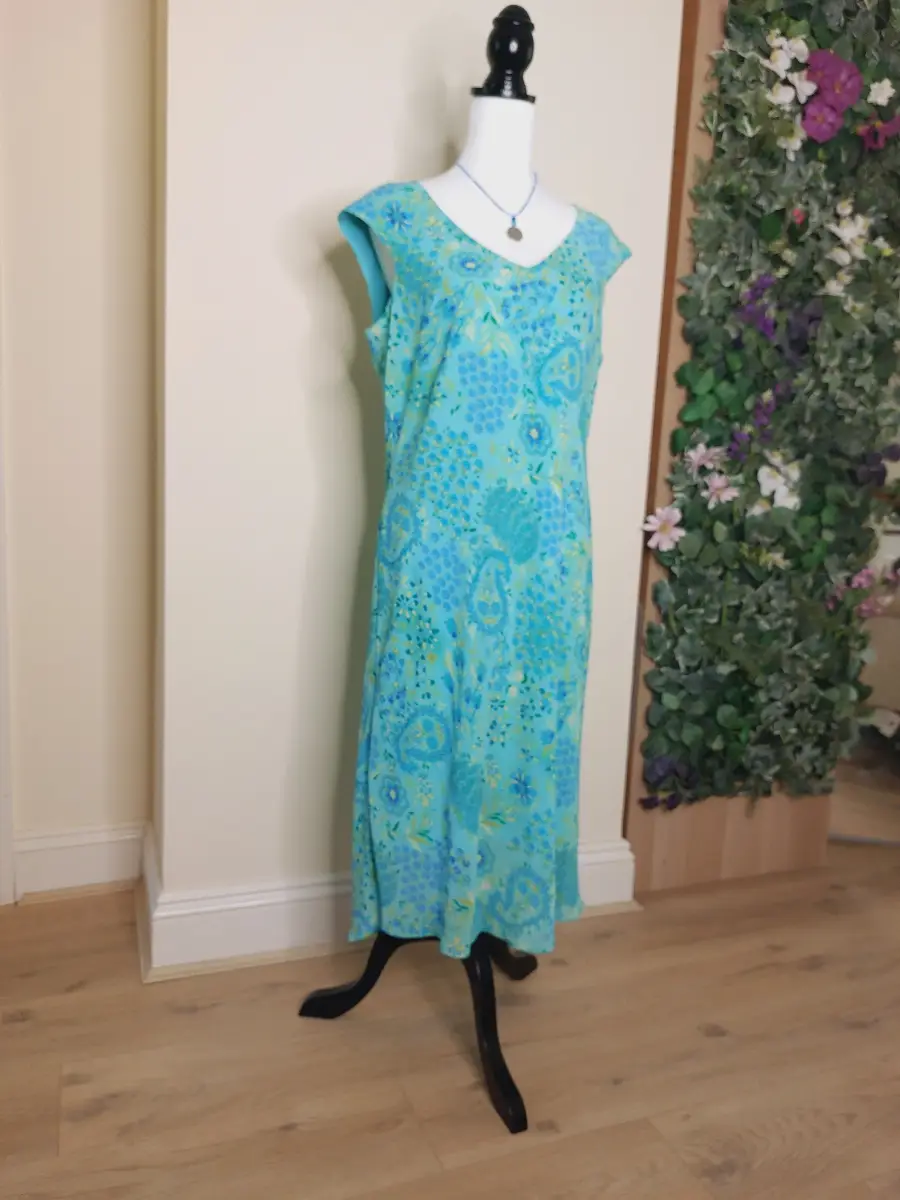 Vintage Style Turquoise Floral V-Neck Sun Dress Size 12 | Ombre Lined Midi Maxi