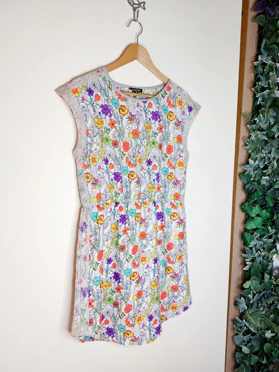 Fallen Star Bright Floral Mini Dress with Lace Detail – Size 10