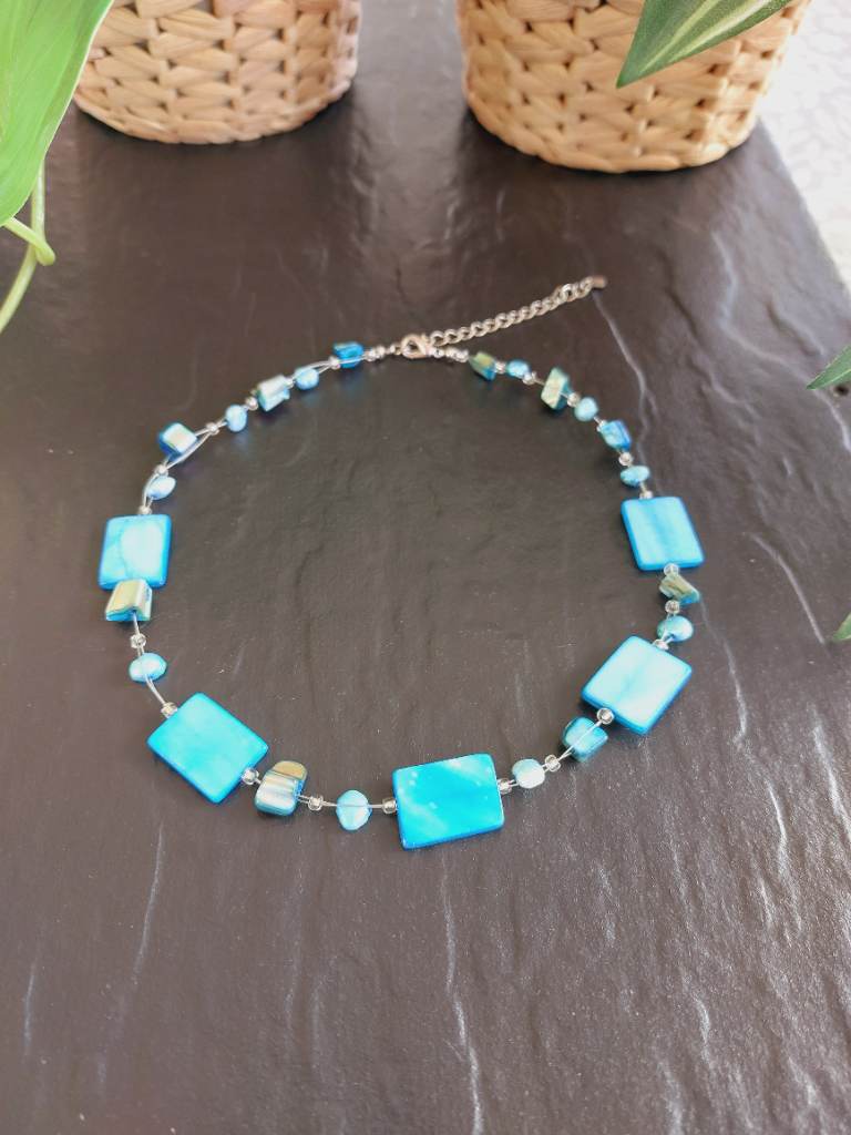 Turquoise Blue Mother of Pearl Shell & Dyed Pearl Necklace - Boho Chic Choker