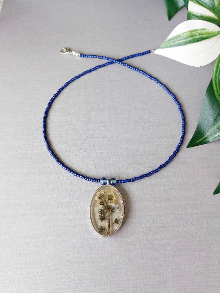 Handmade Vintage Real Pressed Flower Glass Pendant Necklace