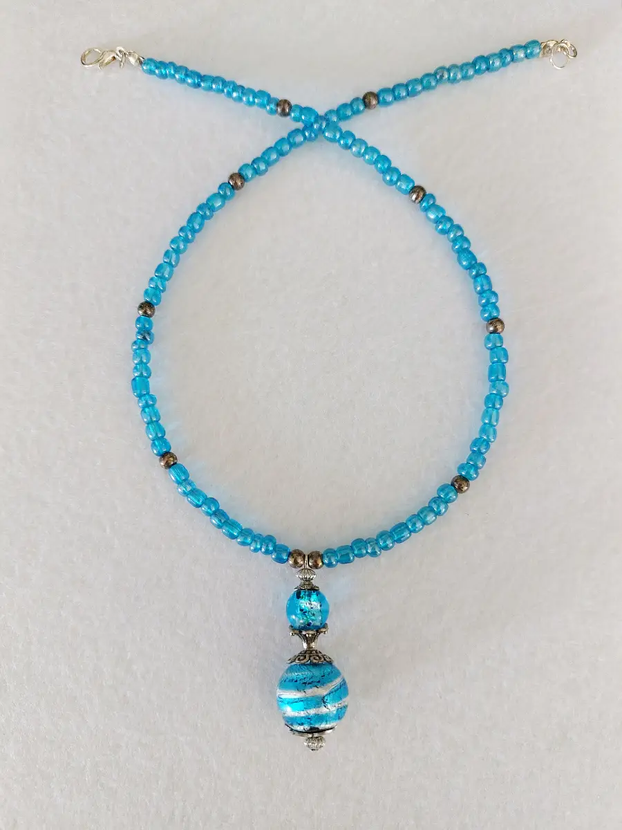 Vintage Reclaimed Blue Glass Bead Necklace – 42cm