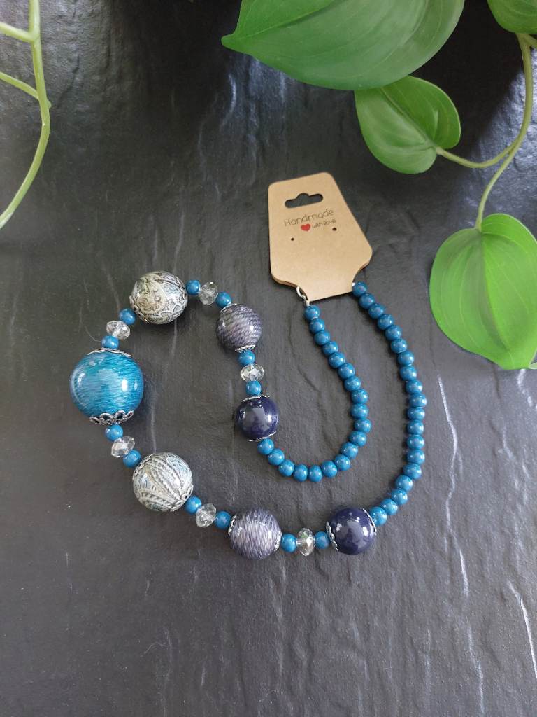 Handmade Teal & Purple Reclaimed Beads Statement Necklace Boho
