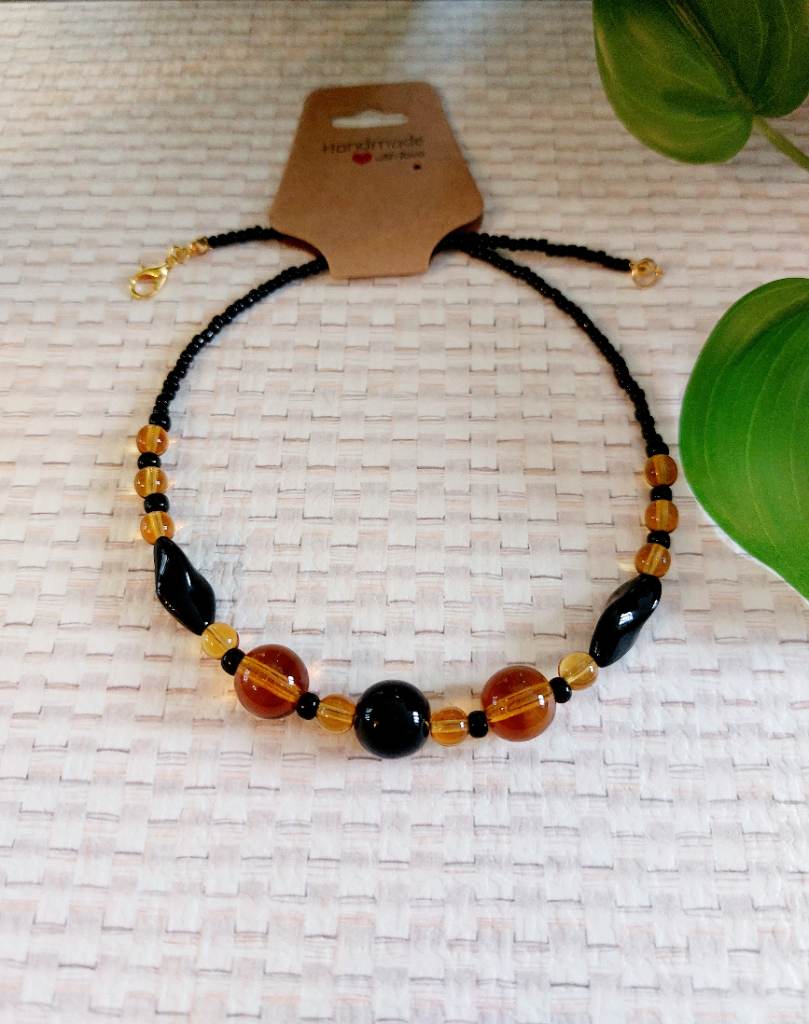 Handmade Glass Beaded Necklace Reclaimed Amber & Black Glass Beads 42cm