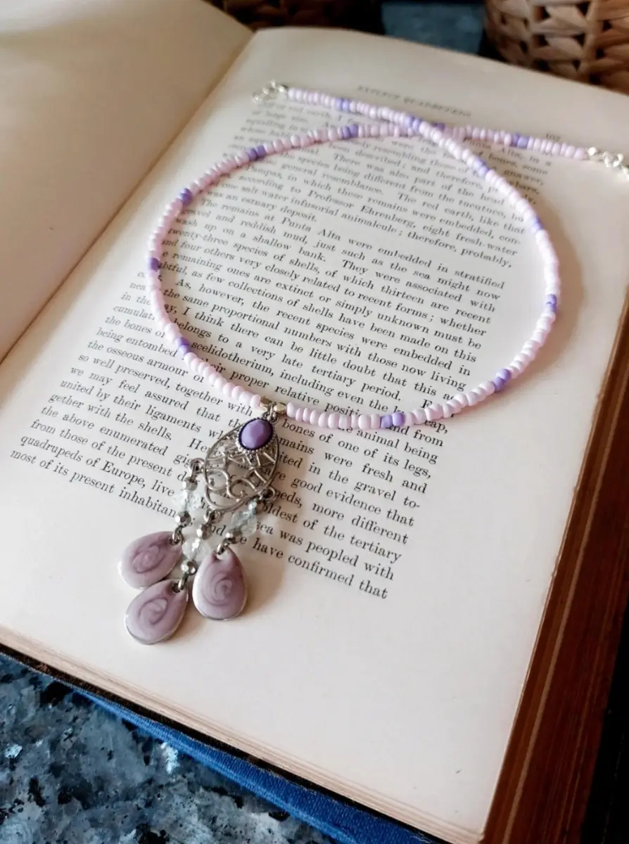 One-of-a-Kind Lilac Glass Bead Choker Necklace with Reclaimed Vintage Pendant