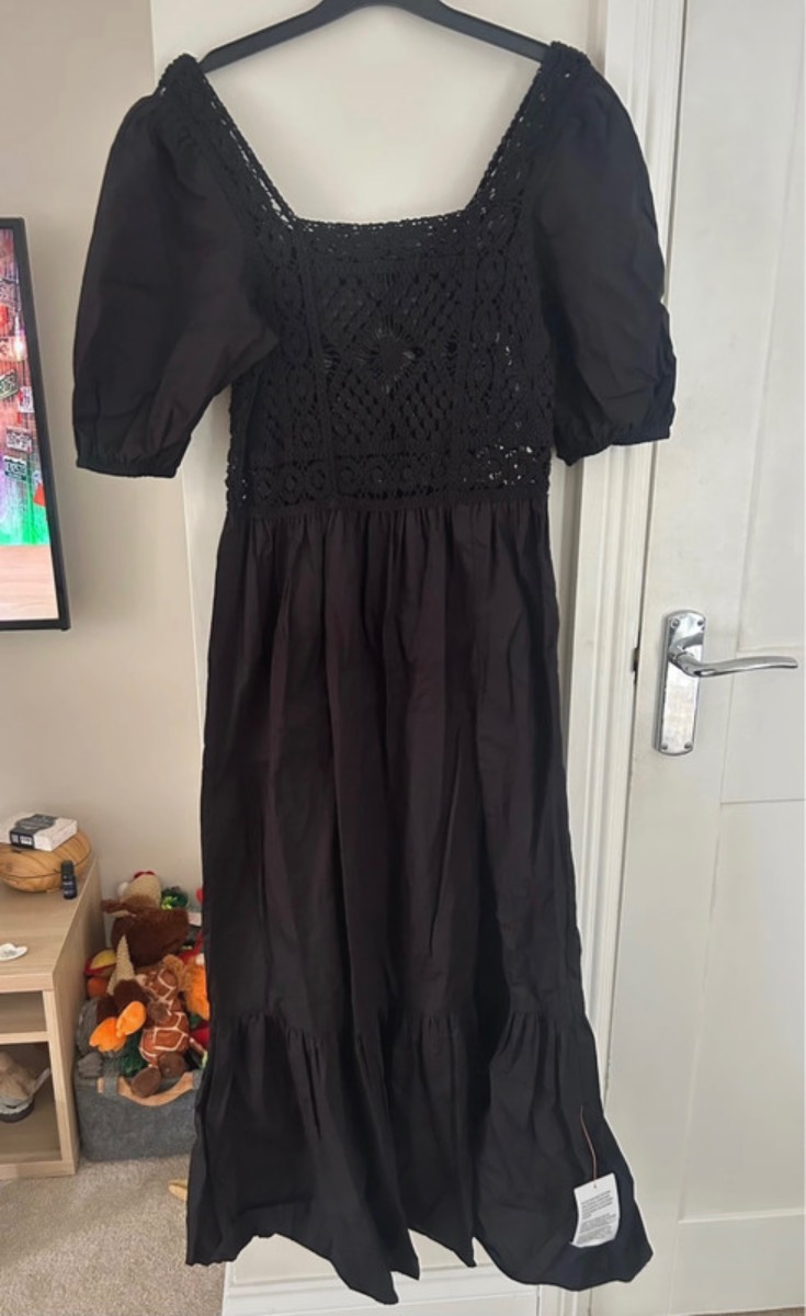 Black Midi Dress with Crochet Bodice