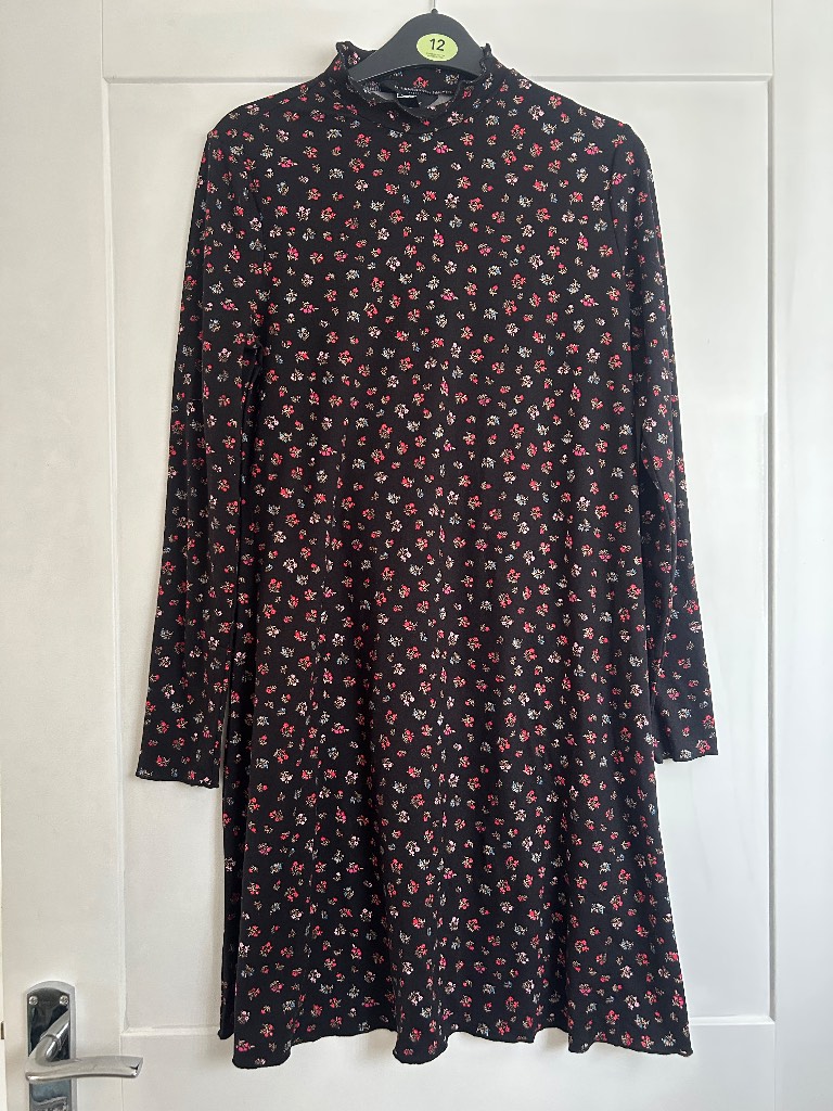 Black Floral High Neck Mini Smock Dress