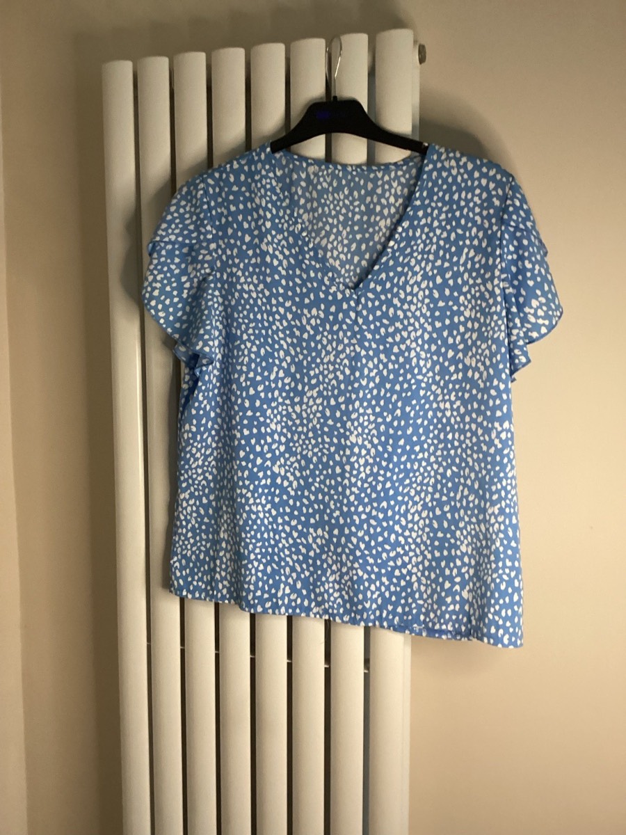 Niay Women’s Size X-LARGE Blue/White V Neck Flare Short Sleeve Blouse Top VGC