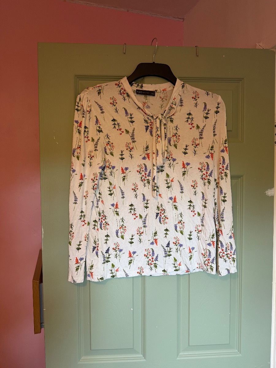 M&S white floral long sleeve top with tie front