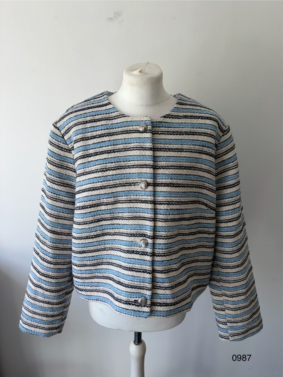 Primark Blue, Cream & Navy Striped Bouclé Jacket – Size XL