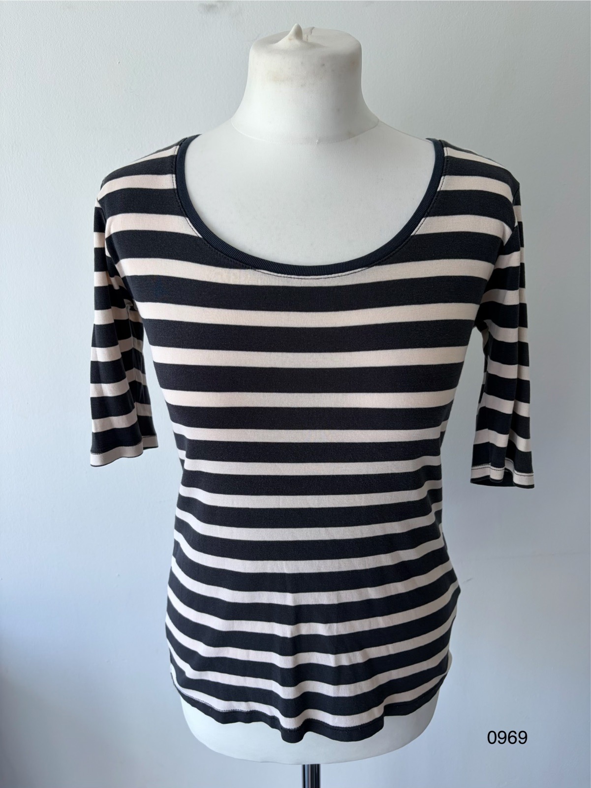 M&S Collection Black & Cream Striped Cotton Top – UK 10