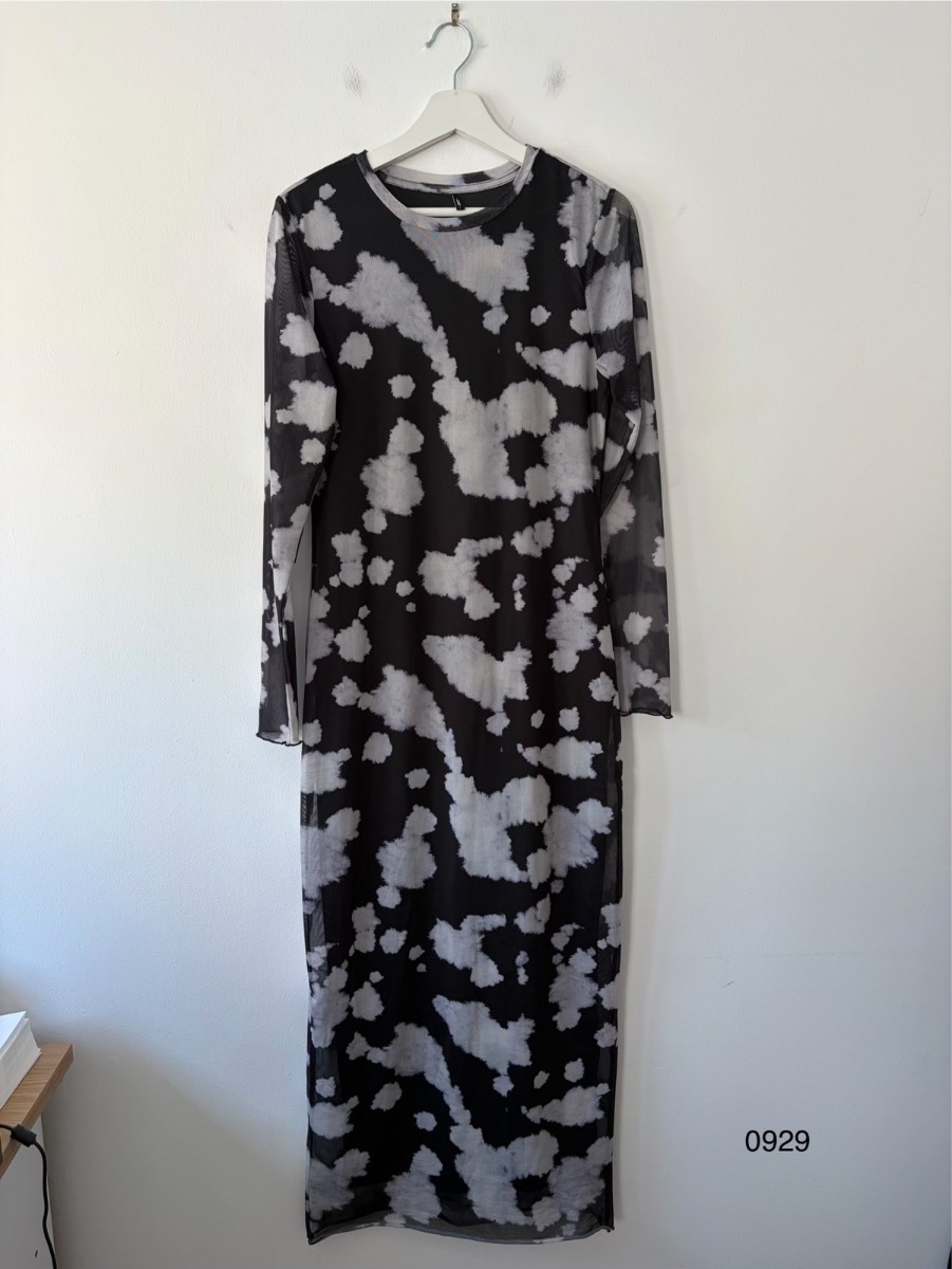 ONLY Onllucia Long Mesh Dress Black & Grey Abstract Print Size L