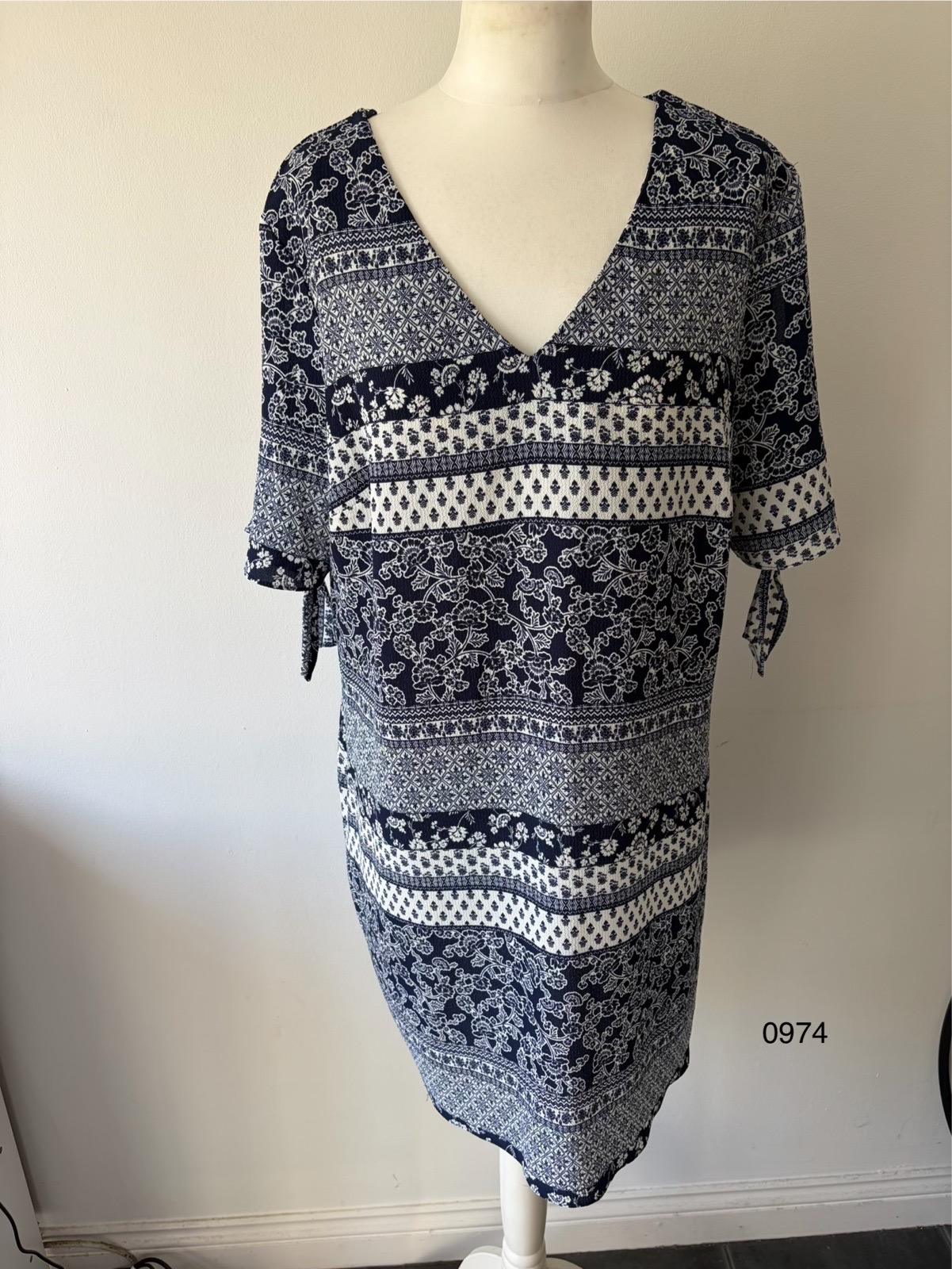 Peacocks Navy & White Boho Print Dress – Size 16