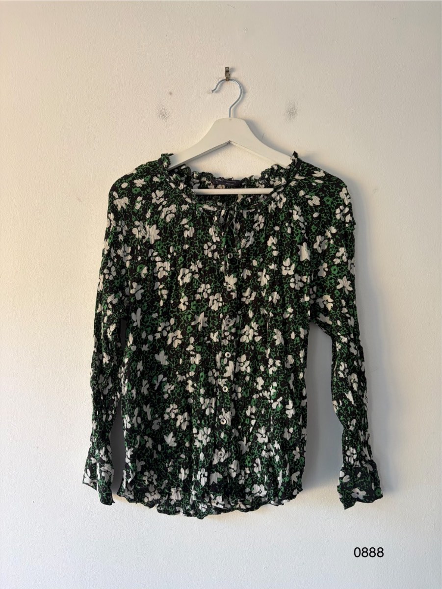 M&S Collection Green Floral Crinkle Blouse UK 14 Long Sleeve Boho