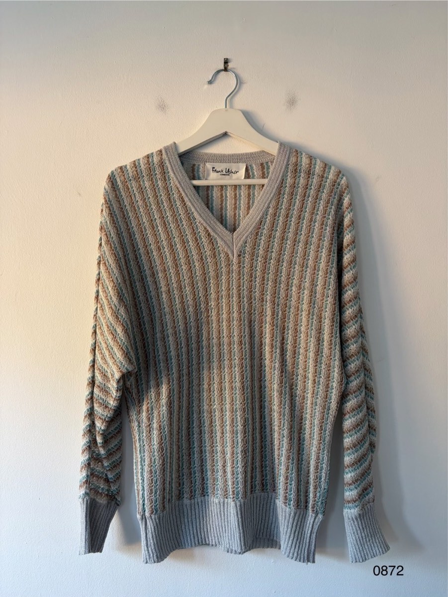 Frank Usher London Textured Striped V-Neck Jumper | Grey | Vintage | Size M/L