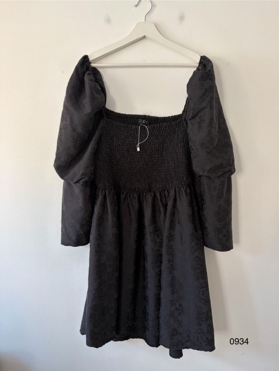 Black Brocade Puff Sleeve Smocked Mini Dress UK 16