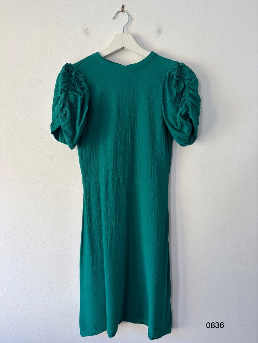 Next Emerald Green Puff Sleeve Midi Dress UK 6 EU 34 Lenzing™ Ecovero™ Viscose