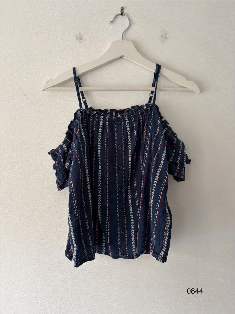 Superdry Women’s Cold Shoulder Striped Cotton Top UK 10 | Boho Navy Blue