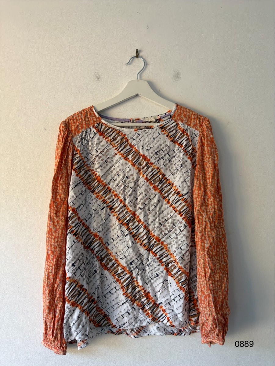 White Stuff Printed Long Sleeve Blouse UK 14 | Orange & Grey | 100% Viscose