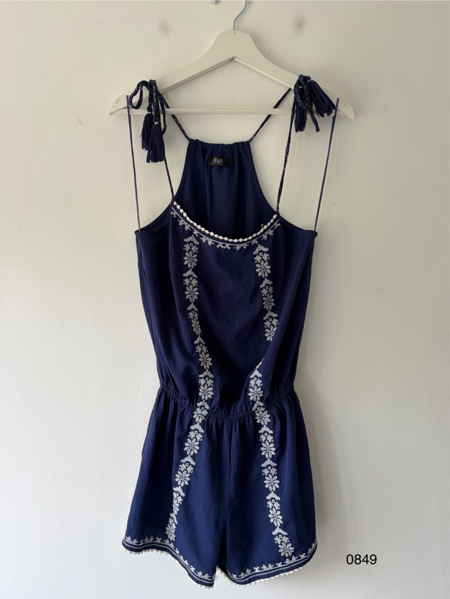 F&F Navy Blue Embroidered Tassel Playsuit | Size S (UK 8-10)