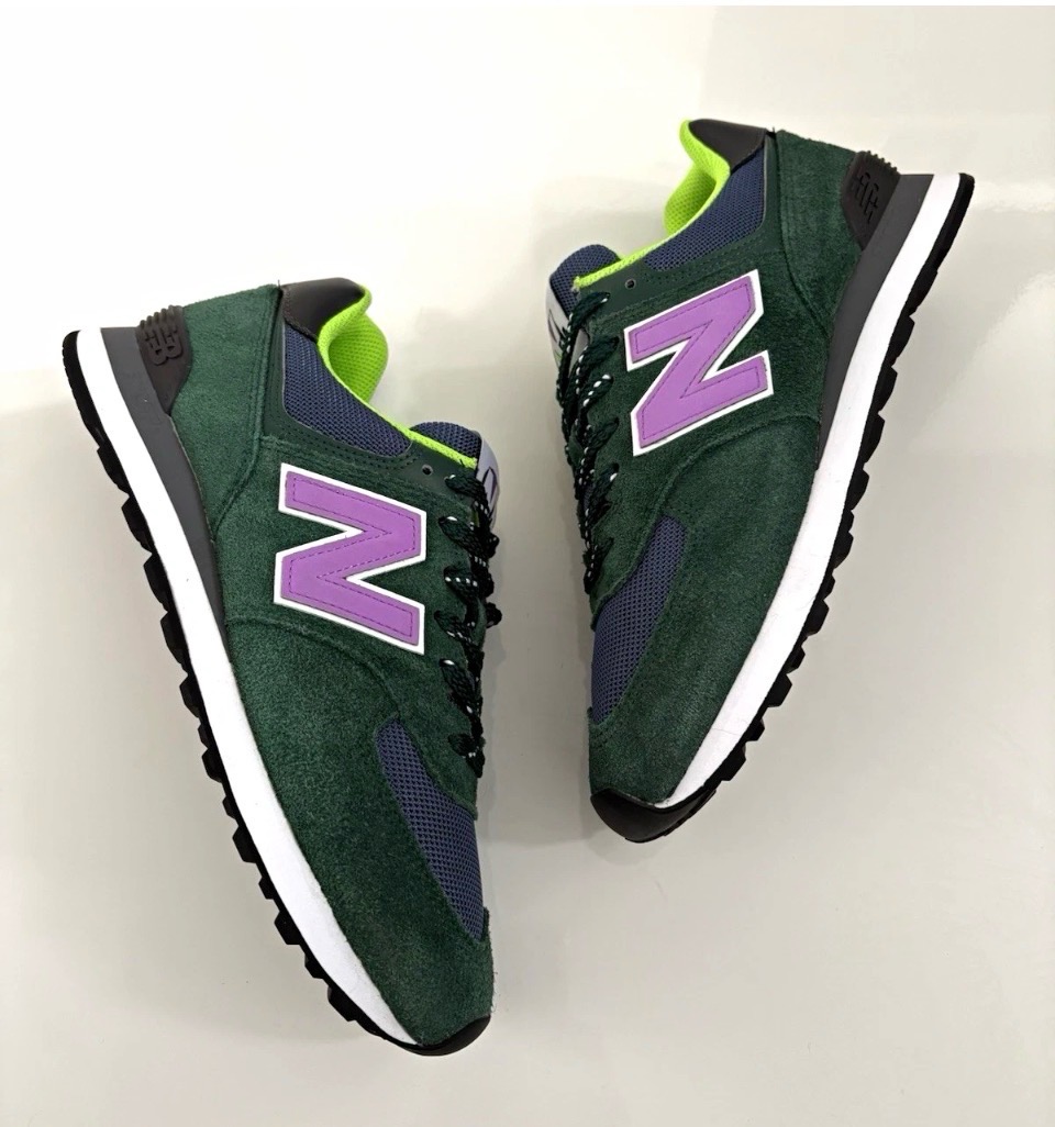 New Balance 574 Trainers Green/Purple Suede Low Top UK 9.5 Excellent Condition