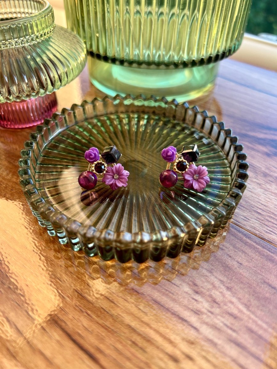 Purple flowers crystal stud earrings ladies summer free gift box