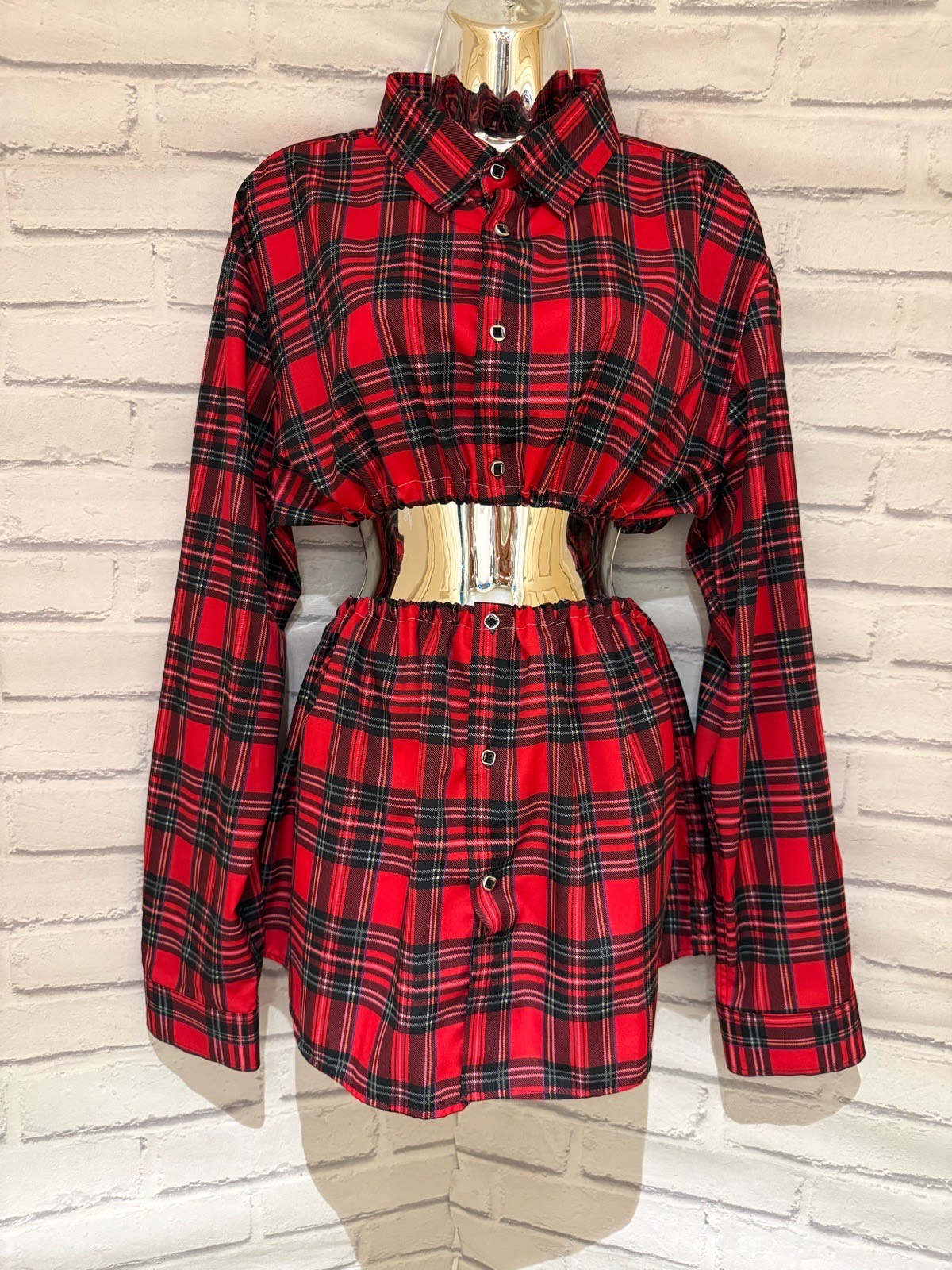 red tartan check crop shirt and skirt co-ord set size m - grunge punk plaid 2 piece set