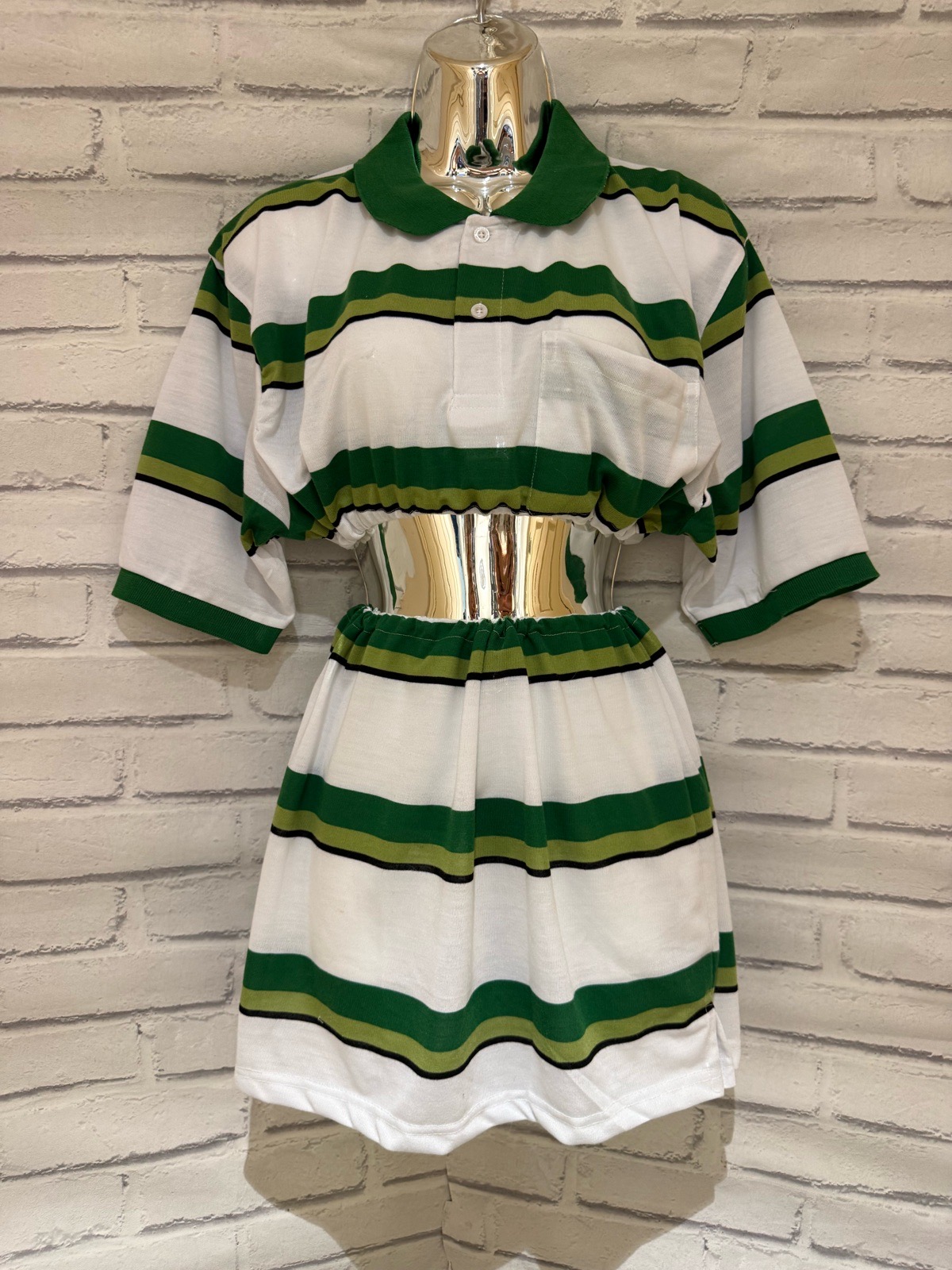retro striped crop polo and mini skirt co-ord set size s - green white tennis sporty 2 piece set Fan