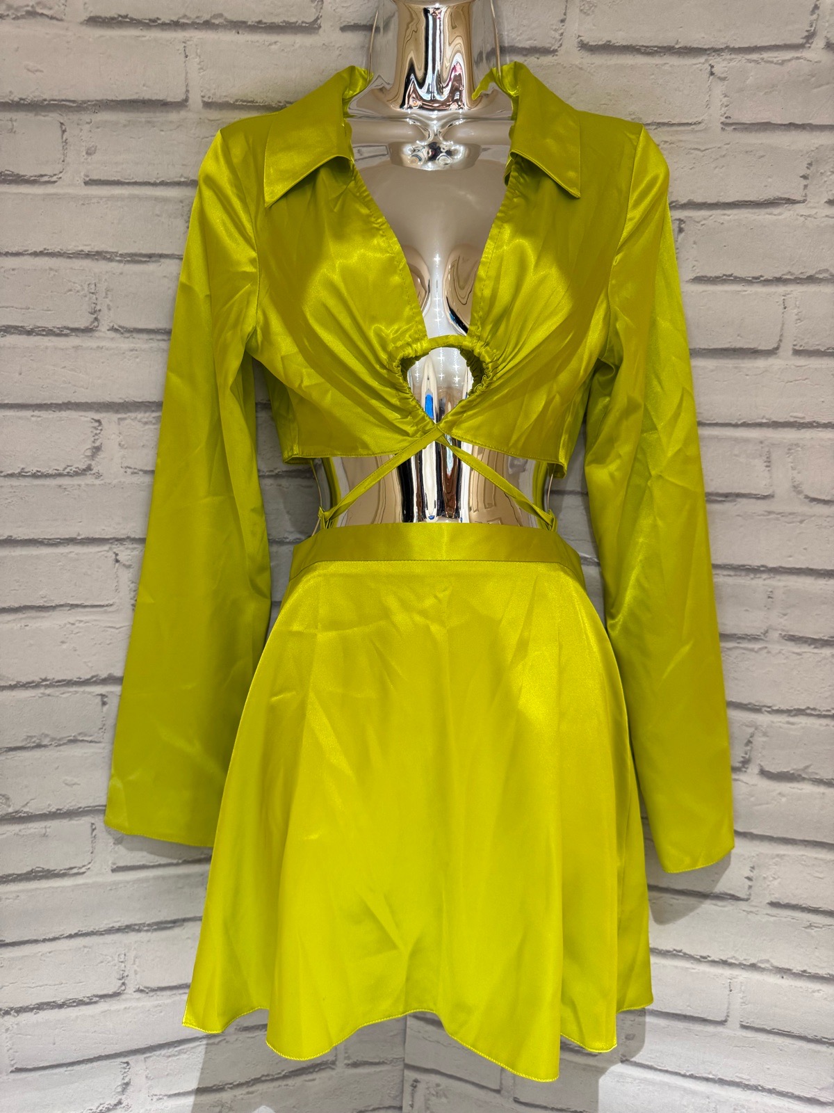 lime green satin cut out tie detail mini dress size 8 -shirt collar long sleeve showstopper