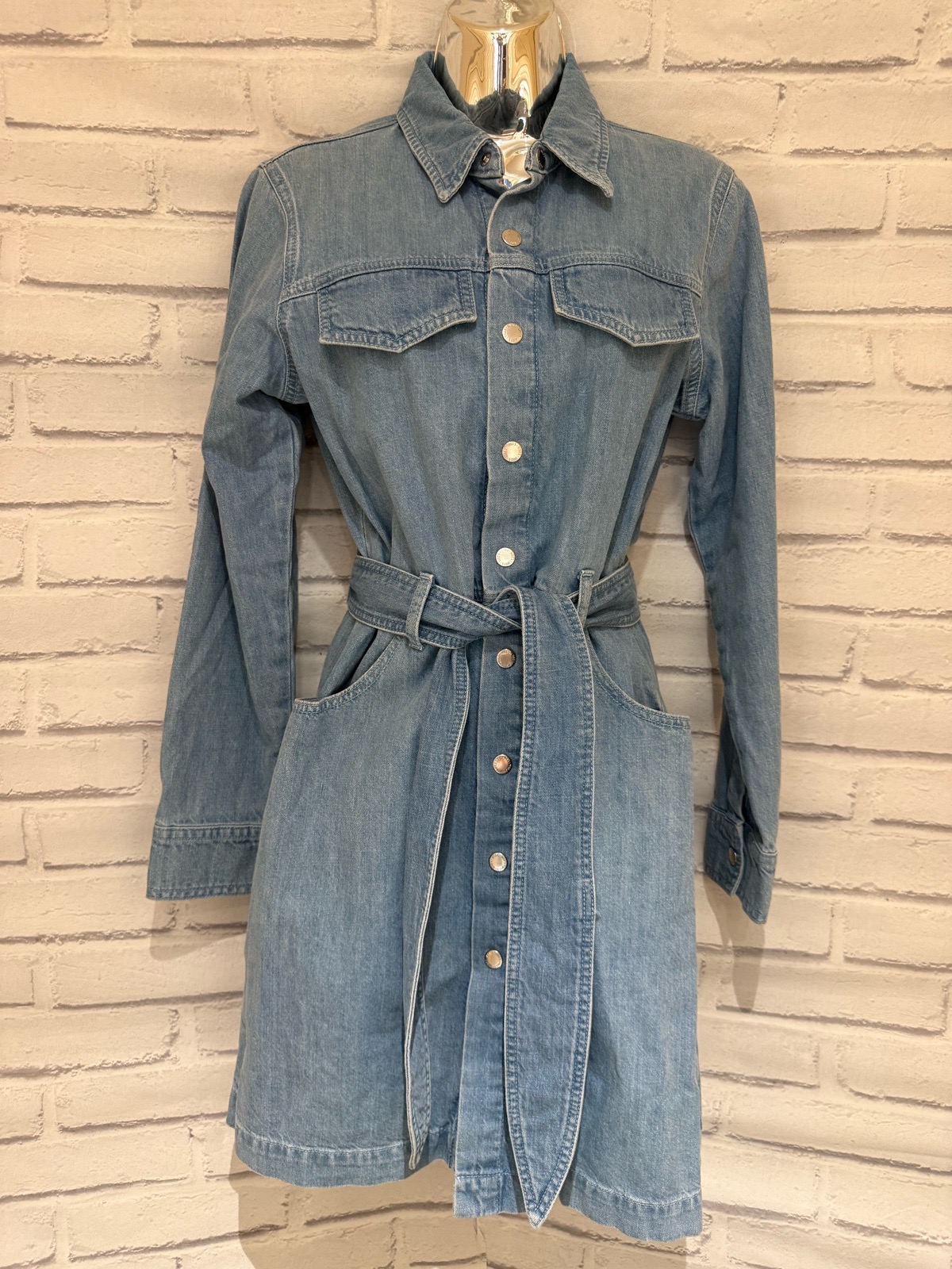 miss selfridge light wash popper button down denim shirt dress size 12 with belt and pockets