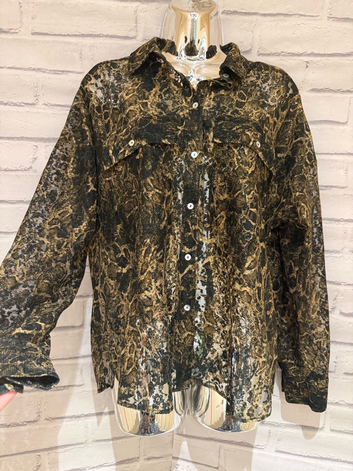 zara sheer lace leopard print button down shirt size L-black gold animal print
