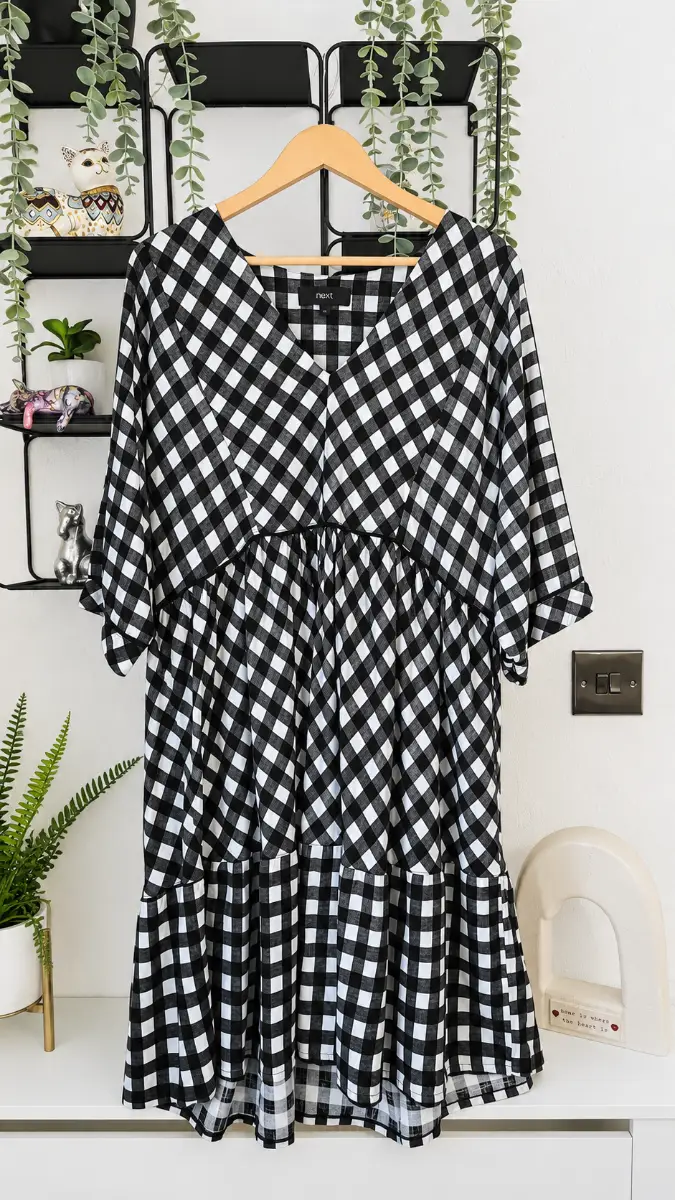 Next Black & White Gingham Smock Kaftan Dress UK 14 Linen Blend
