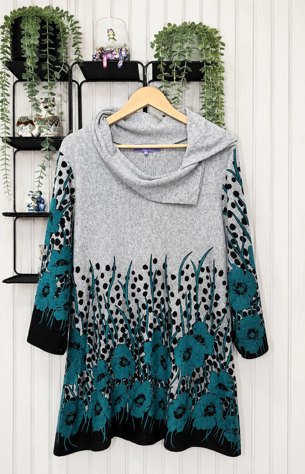 Autonomy Grey Teal Floral Cowl Neck Tunic Dress Size 16