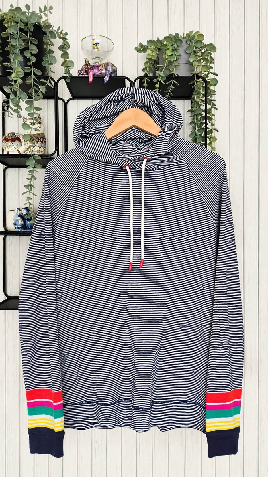 Joules Marston Stripe Hoodie Size 18 Navy White Cotton Rainbow Cuff