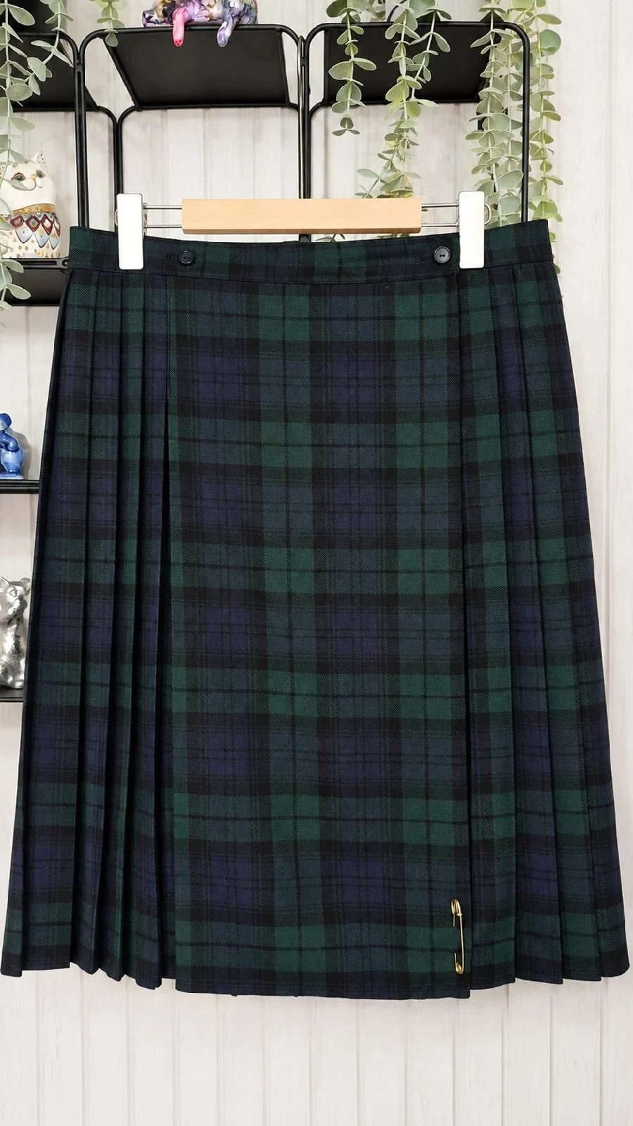 Vintage Berkertex Green & Navy Tartan Pleated Midi Skirt