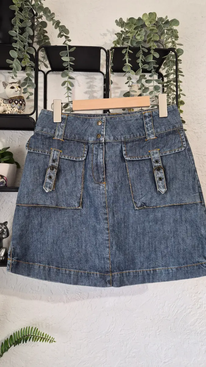 Per Una Y2K Denim Mini Skirt UK 8 Cargo Pocket Buckle Detail