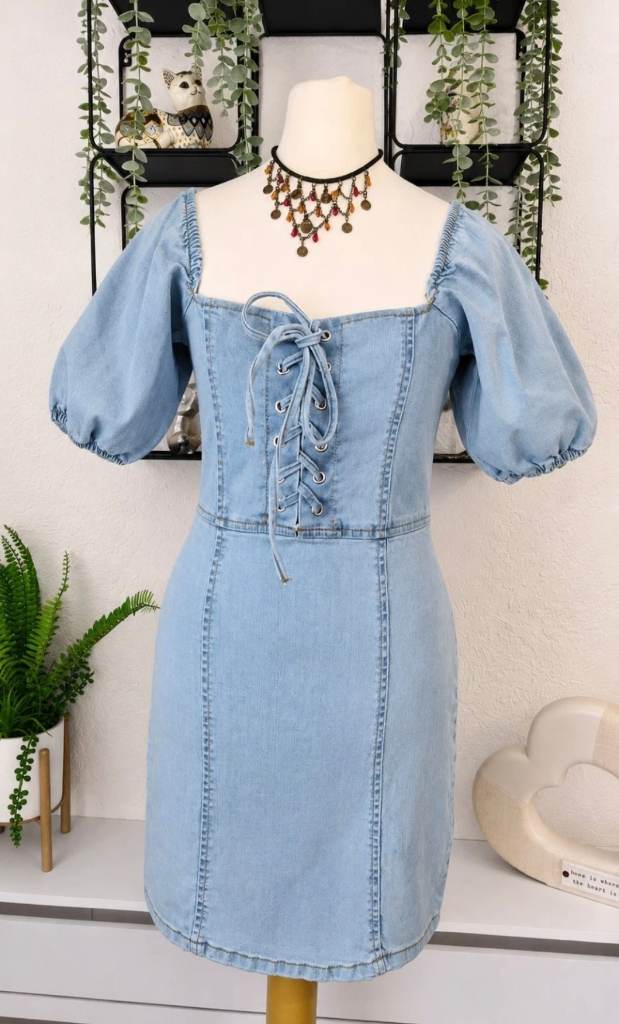 Quiz Light Blue Denim Puff Sleeve Lace Up Mini Dress UK 6 NWT