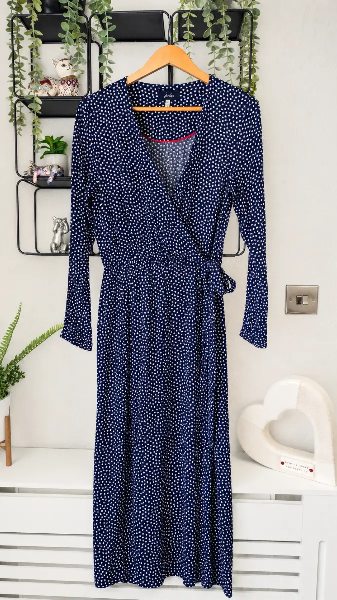 Joules Chloe Navy Star Wrap Midi Dress UK 10 100% Viscose Long Sleeve