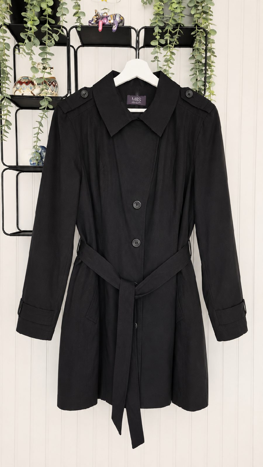 M&S Collection Black Trench Coat UK 24 Belted Lightweight Mac New Without Tags
