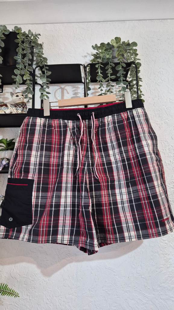 Wolsey Vintage Tartan Check Swim Shorts Mens L 36-38" Waist Red Black White