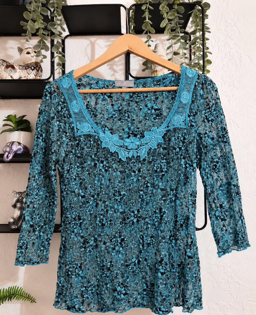 Per Una Turquoise Floral Mesh Lace Top UK 12 Y2K Stretch Crochet Trim