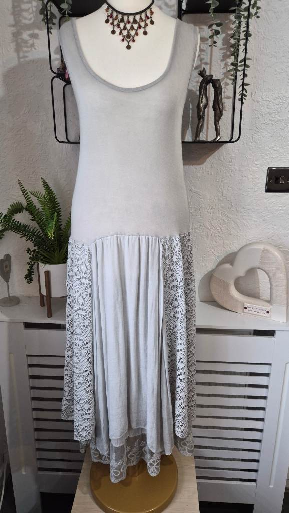 Made in Italy Grey Lagenlook Lace Panel Asymmetrical Hem Dress Size 8/10/12