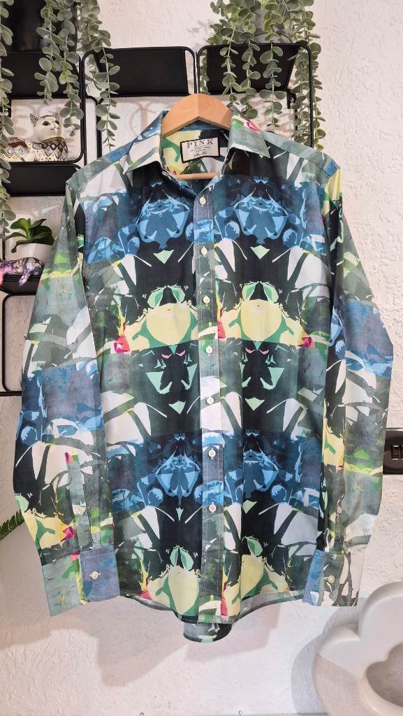 Thomas Pink London Jermyn Street Abstract Print Slim Fit Cotton Shirt 16" Collar Mens Large