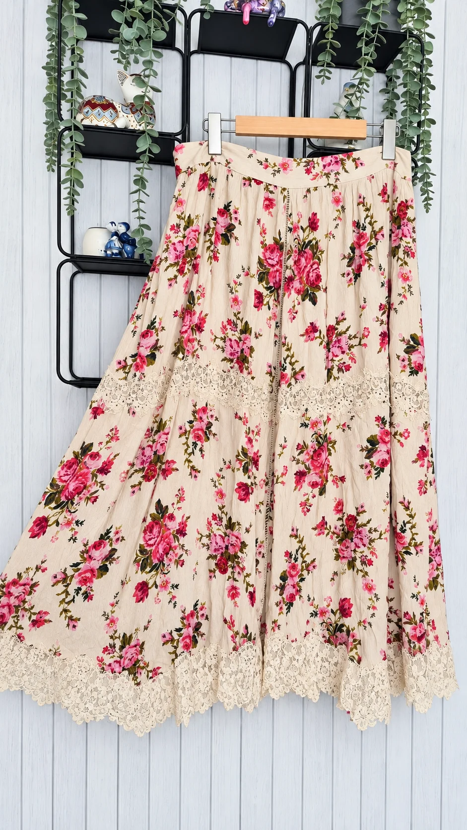 Laura Ashley Floral Lace Hanky Hem Midi Skirt UK 16 Cottagecore Boho