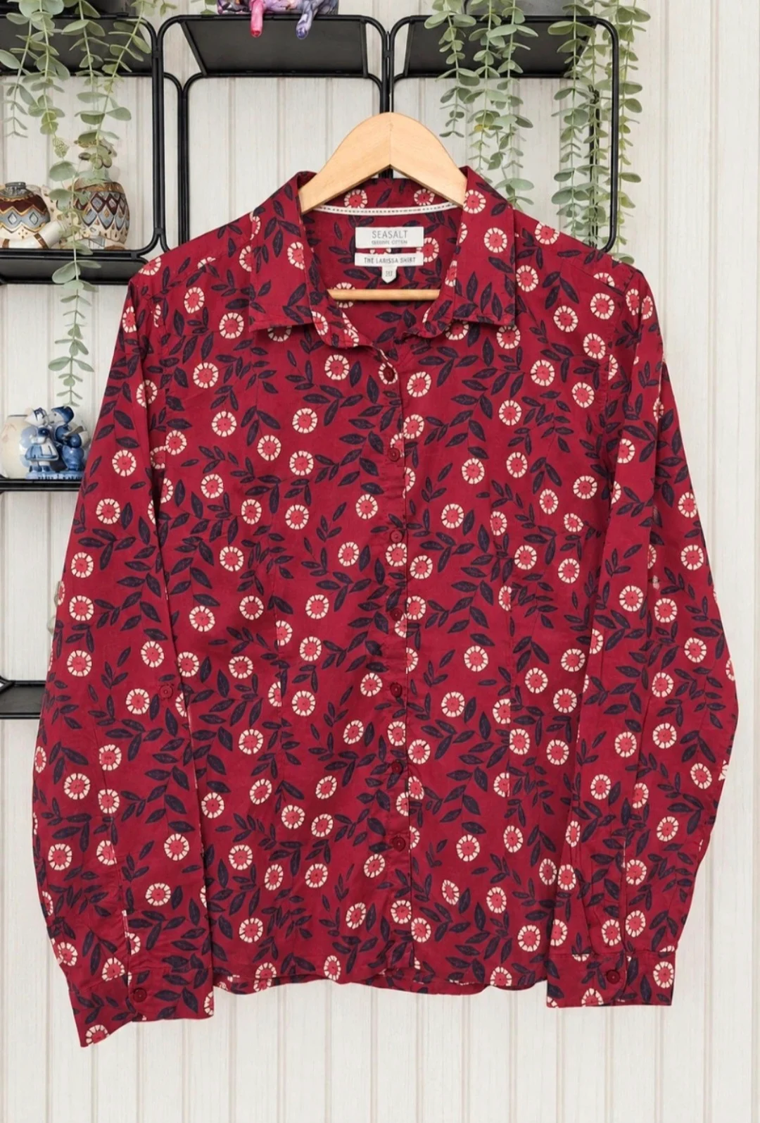 Seasalt Cornwall Larissa Shirt UK 12 Red Floral 100% Organic Cotton