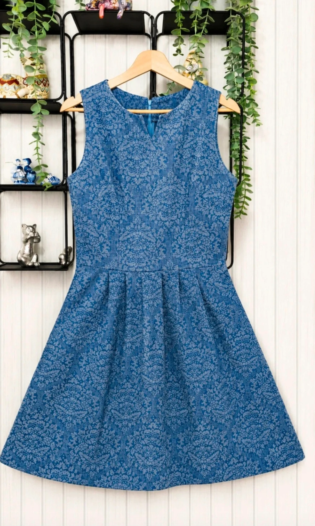 FUNKO Blue Damask Skater Dress M Made Canada Cotton Pockets Retro