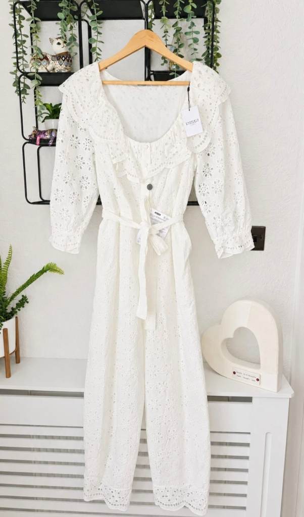Claudie Pierlot Paris White Broderie Anglaise Cotton Jumpsuit NWT UK 12