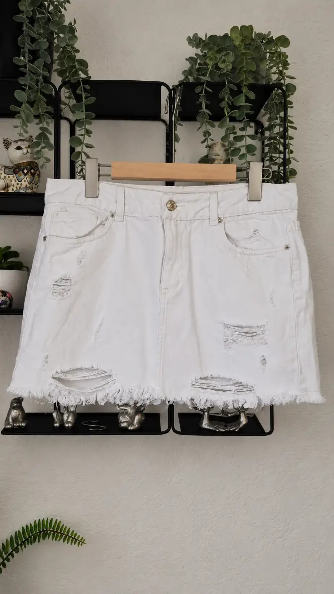 We The Free Free People White Distressed Denim Mini Skirt UK 12 Festival Summer